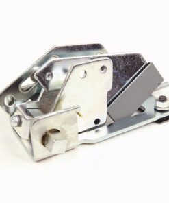 Industrial metal latch mechanism with mounting base, bolts, and a gray actuator block on a white background.