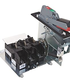 Three-pole electrical contactor with black modular blocks, metal frame, and a red/green operating lever on top.