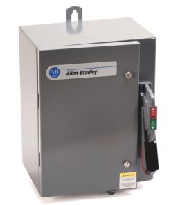 Gray metal electrical enclosure with Allen-Bradley label and a side-mounted on/off switch on the right flank.