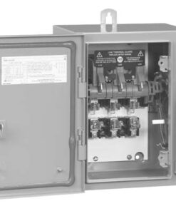 Open metal electrical cabinet with a circuit breaker assembly and wiring visible inside, door swung open on the left side.