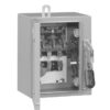 Open electrical disconnect/enclosure door showing internal terminal block and wiring; control lever on the right side.