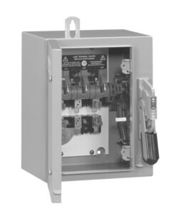 Open electrical disconnect/enclosure door showing internal terminal block and wiring; control lever on the right side.