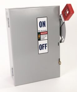 Gray metal electrical enclosure with a red vertical toggle switch labeled ON/OFF and warning sticker.
