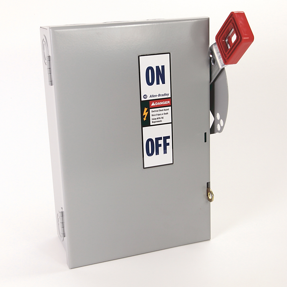 Gray metal electrical enclosure with a red vertical toggle switch labeled ON/OFF and warning sticker.