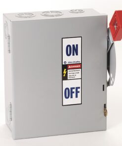 Industrial electrical disconnect switch with red lever labeled ON and OFF on a gray metal box.