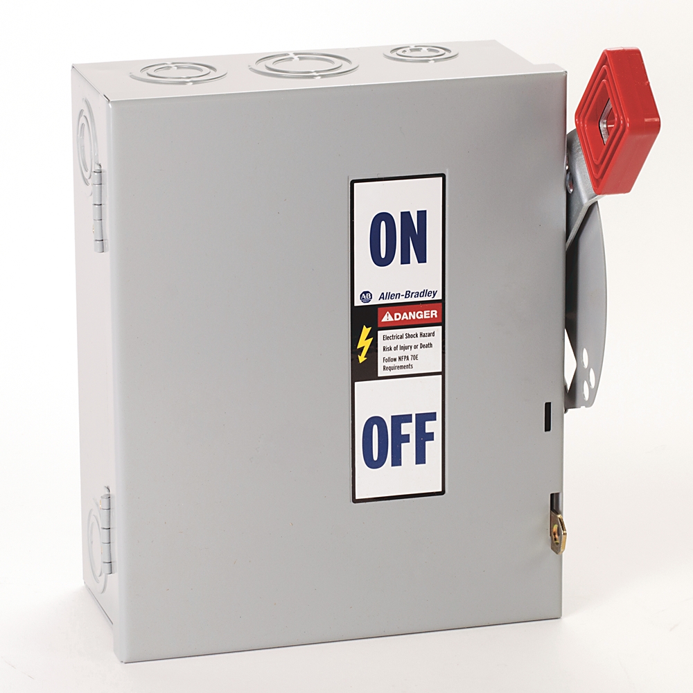 Industrial electrical disconnect switch with red lever labeled ON and OFF on a gray metal box.