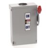Grey electrical disconnect box with a red manual safety lever and ON/OFF labels on the front panel.
