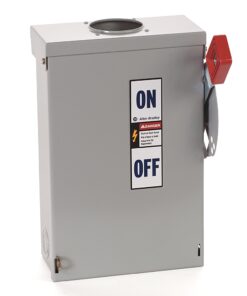 Grey electrical disconnect box with a red manual safety lever and ON/OFF labels on the front panel.