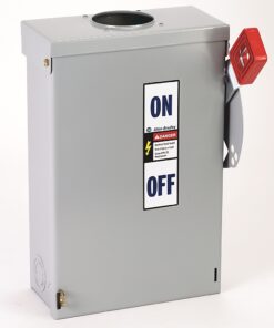 Industrial electrical disconnect enclosure with a red manual switch and ON/OFF label on the front panel, grey metal box.