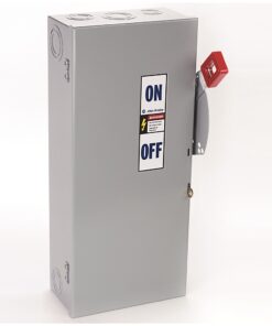 Industrial electrical disconnect switch in a gray metal box with a red handle; label shows ON/OFF and warning sticker on the door.