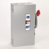 Gray electrical disconnect box with a red handle and large ON/OFF label on the door, indicating a switch for power control