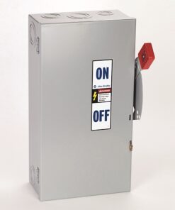 Gray electrical disconnect box with a red handle and large ON/OFF label on the door, indicating a switch for power control