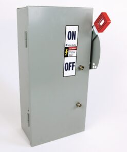 Gray metal electrical disconnect cabinet with an ON/OFF label and a red lever handle (industrial safety switch). Showcases a shutoff switch for equipment control, mounted on a light background.