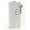 Metal electrical disconnect cabinet with a red toggle handle next to an ON/OFF label, used to switch equipment on or off