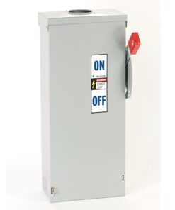 Metal electrical disconnect cabinet with a red toggle handle next to an ON/OFF label, used to switch equipment on or off