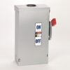 Metal electrical disconnect box with red handles and ON/OFF label for switching power off/on
