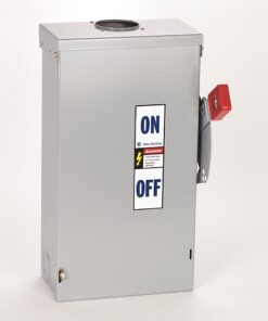 Metal electrical disconnect box with red handles and ON/OFF label for switching power off/on