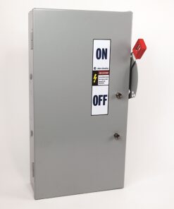 Gray electrical disconnect cabinet with ON/OFF label and a red lockable handle on the right.