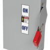 Electrical disconnect switch with a red lever on a gray metal enclosure, showing ON/OFF labels.