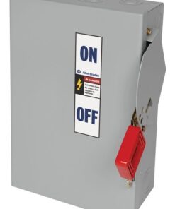 Electrical disconnect switch with a red lever on a gray metal enclosure, showing ON/OFF labels.