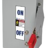 Electrical disconnect switch with ON/OFF label and a red push handle on the side.