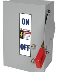 Electrical disconnect switch with ON/OFF label and a red push handle on the side.