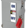 Industrial electrical disconnect switch with a red handle in the OFF position