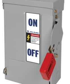 Industrial electrical disconnect switch with a red handle in the OFF position