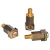 Three brass threaded studs with mounting blocks and clamps on a white background, hardware components for assembly.