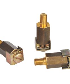 Three brass threaded studs with mounting blocks and clamps on a white background, hardware components for assembly.