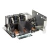 Industrial three-pole electrical contactor with copper bus bars and coil, mounted on a metal frame used to switch high current to equipment.