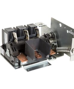Industrial three-pole electrical contactor with copper bus bars and coil, mounted on a metal frame used to switch high current to equipment.