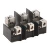 Three adjacent electrical terminal blocks with screw terminals mounted on a black plastic base.