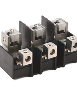 Three adjacent electrical terminal blocks with screw terminals mounted on a black plastic base.