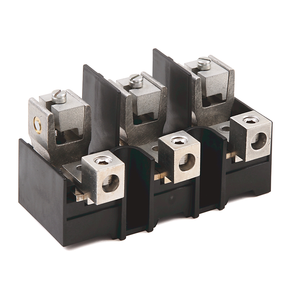 Three adjacent electrical terminal blocks with screw terminals mounted on a black plastic base.