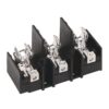 Black plastic 4-position electrical terminal block with screw clamps for wiring connections