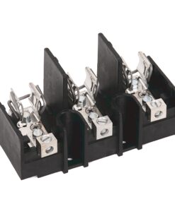Black plastic 4-position electrical terminal block with screw clamps for wiring connections