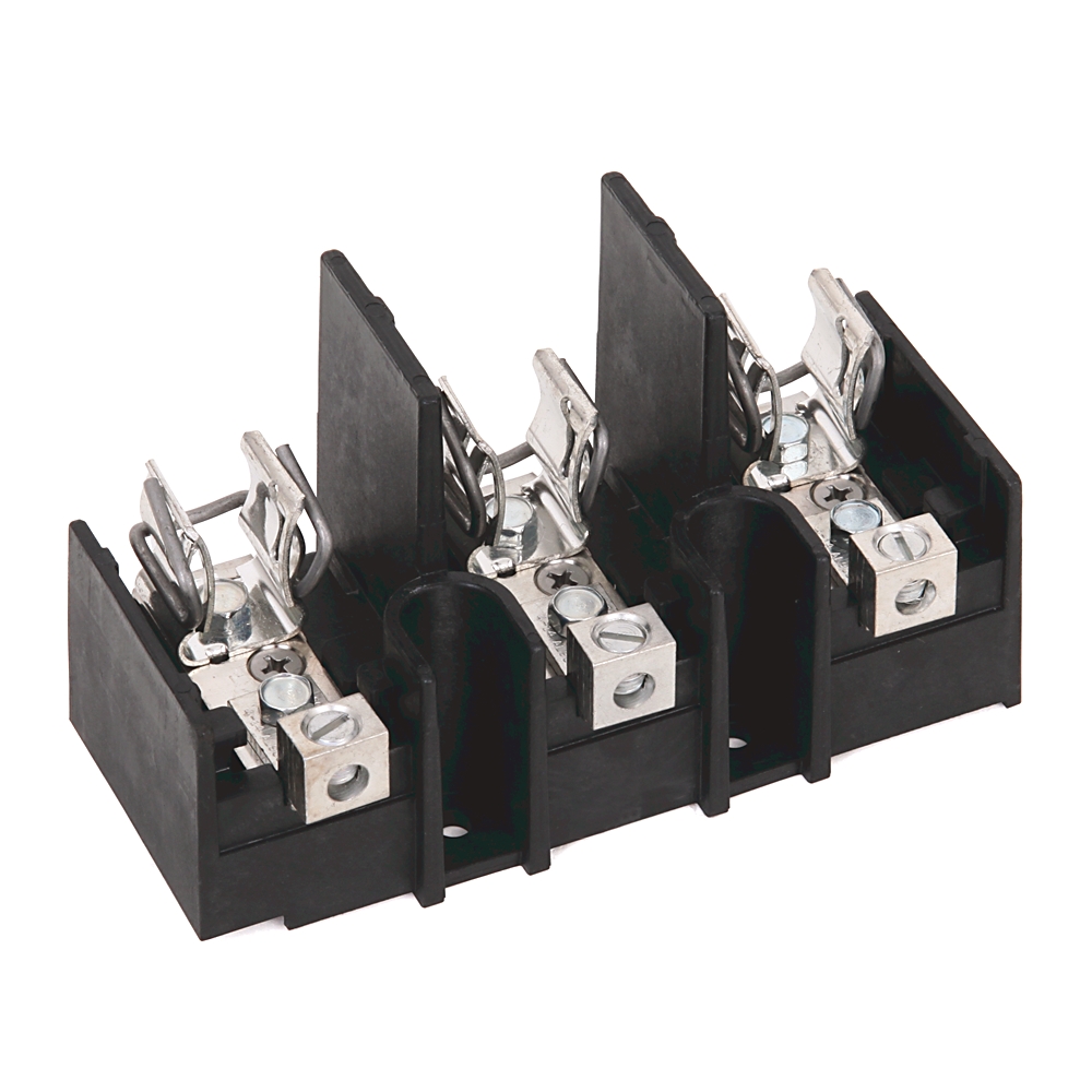 Black plastic 4-position electrical terminal block with screw clamps for wiring connections