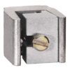 Metal U-shaped mounting clamp with a slotted screw for securing a rail or bar (silver metal).