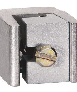 Metal U-shaped mounting clamp with a slotted screw for securing a rail or bar (silver metal).