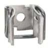 Small, silver metal mounting clip with a circular center hole and two upright flanges forming a U-shaped bracket.