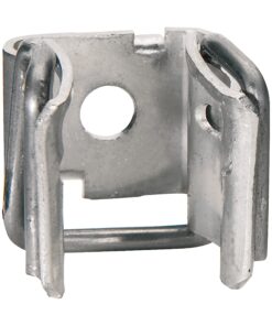 Small, silver metal mounting clip with a circular center hole and two upright flanges forming a U-shaped bracket.