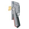 Grey manual circuit breaker switch with a red and black handle and ON/OFF labels on the side, in a vertical orientation