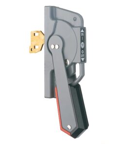 Grey manual circuit breaker switch with a red and black handle and ON/OFF labels on the side, in a vertical orientation