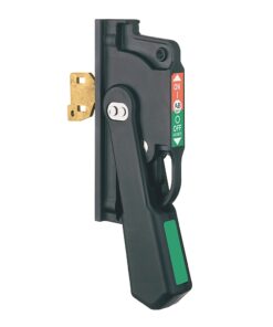 Single-pole miniature circuit breaker with an ON/OFF toggle and green status label on a mounted panel plate