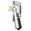 Handheld crimping tool with black/orange handle and a gold connector ready to crimp (electrical terminal).