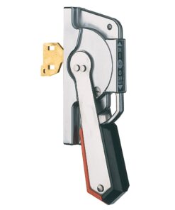 Handheld crimping tool with black/orange handle and a gold connector ready to crimp (electrical terminal).