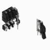 Isometric view of two industrial switch assemblies: a multi-pole block on the left with three levers and terminals, and a single-pole switch with a lever on the right.