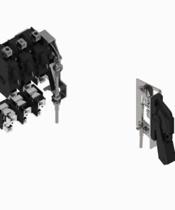 Isometric view of two industrial switch assemblies: a multi-pole block on the left with three levers and terminals, and a single-pole switch with a lever on the right.