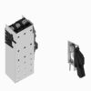Tall gray electrical relay housing with perforated sides and top terminal blocks, shown with a separate black actuator module on the right